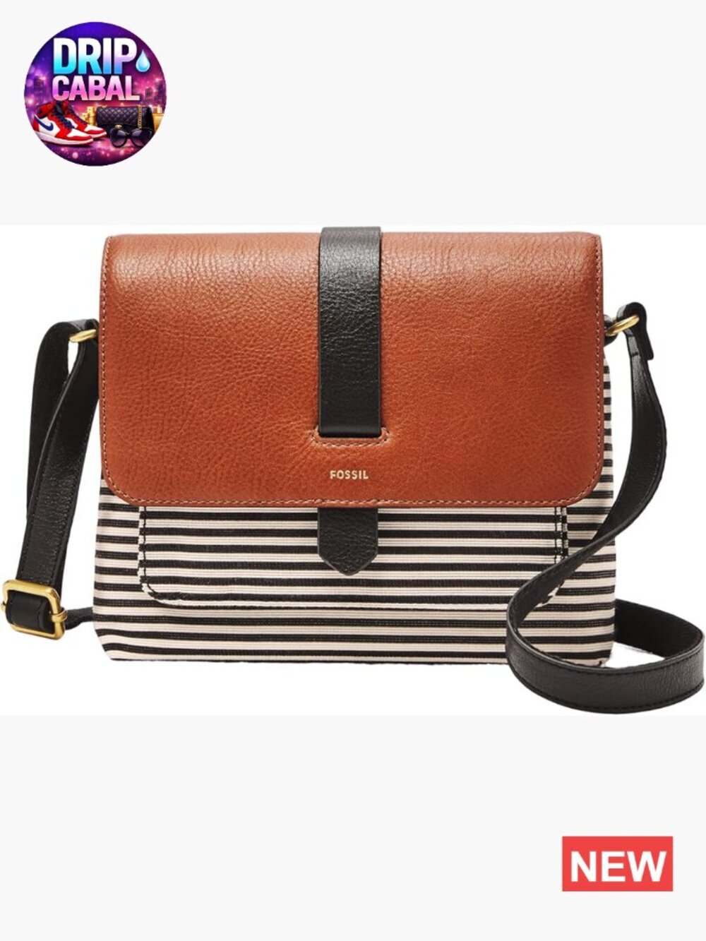 Genuine Leather & Fabric Crossbody Bag with Zipper Closure